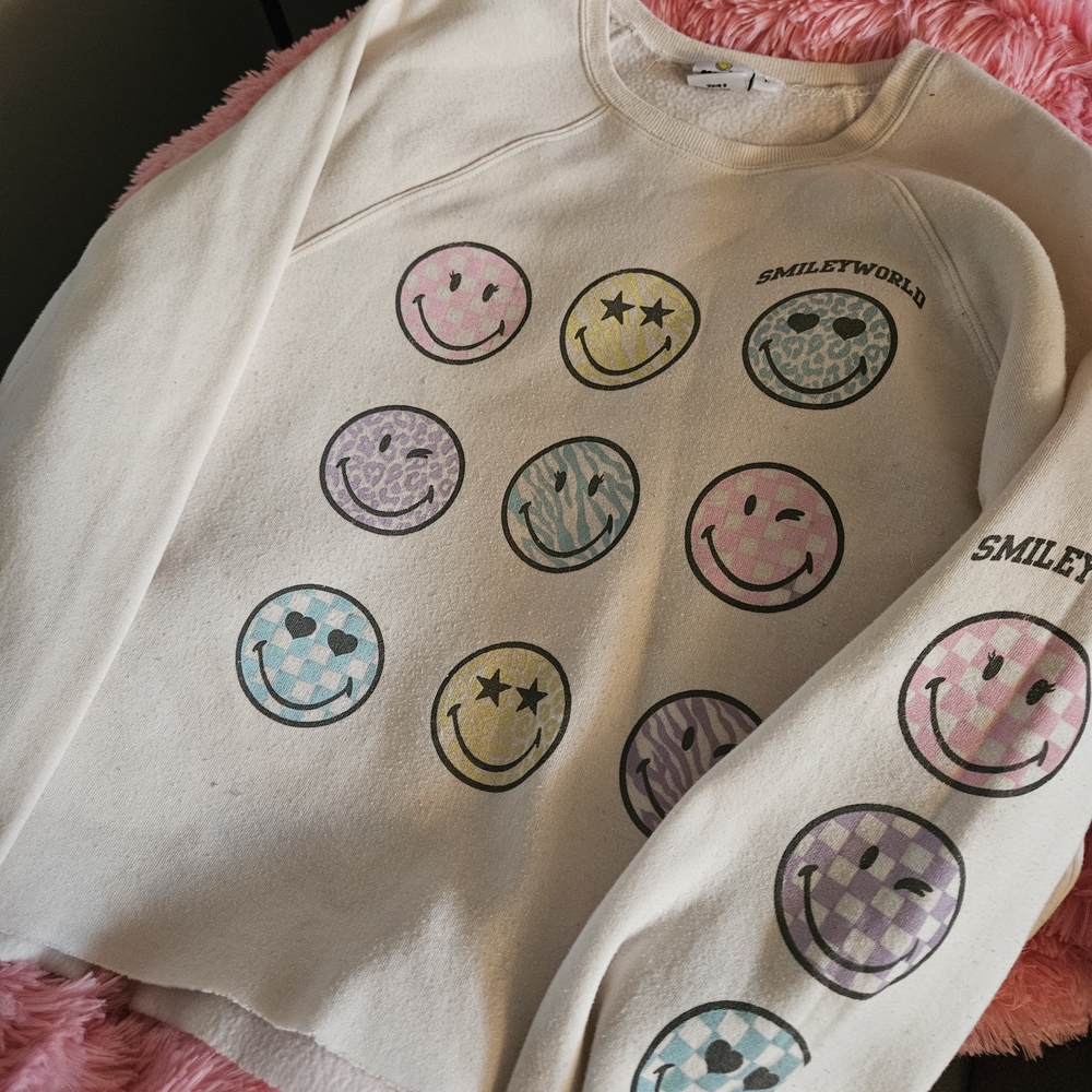 White Sweatshirt with Smiley Faces